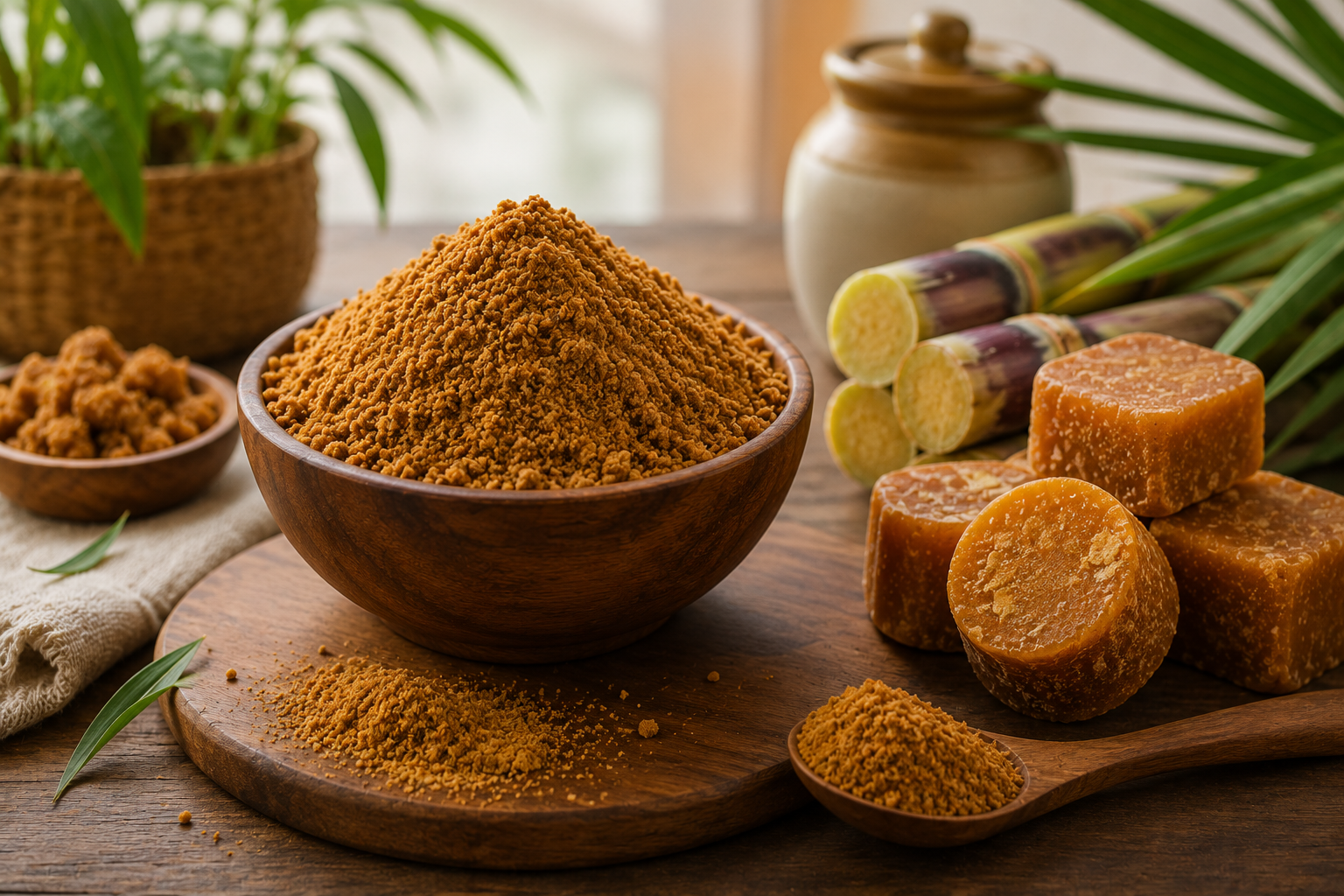 Jaggery powder with sugarcane and solid jaggery pieces.