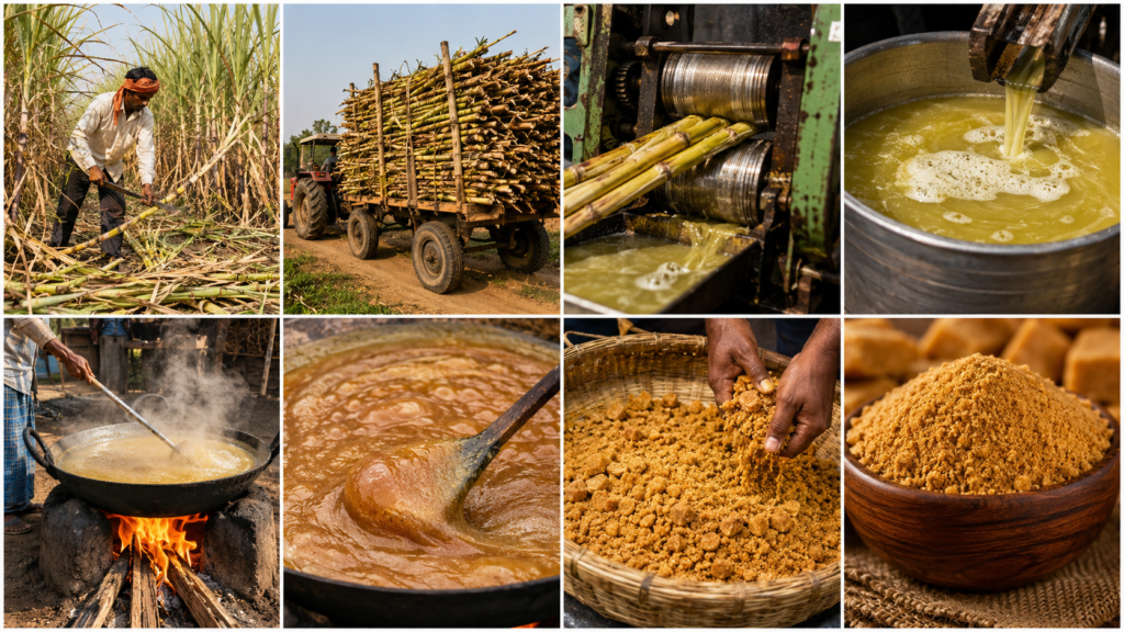 Step-by-step process of making jaggery powder from sugarcane.