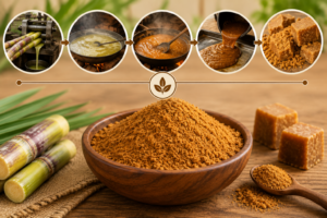 Jaggery powder with sugarcane and a step-by-step production process.