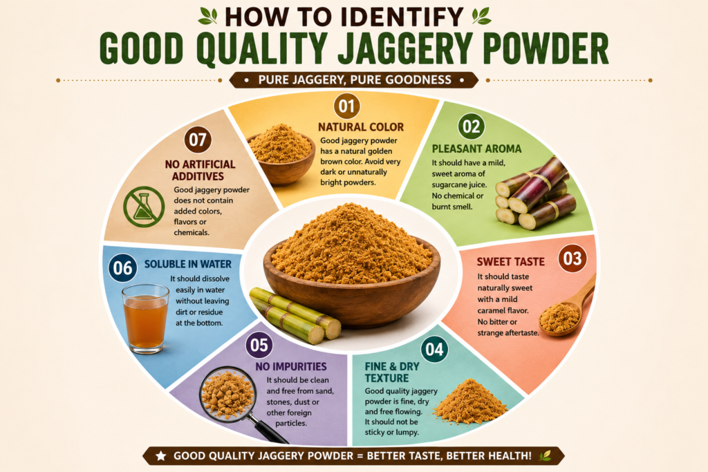 Infographic showing seven signs of good-quality jaggery powder.