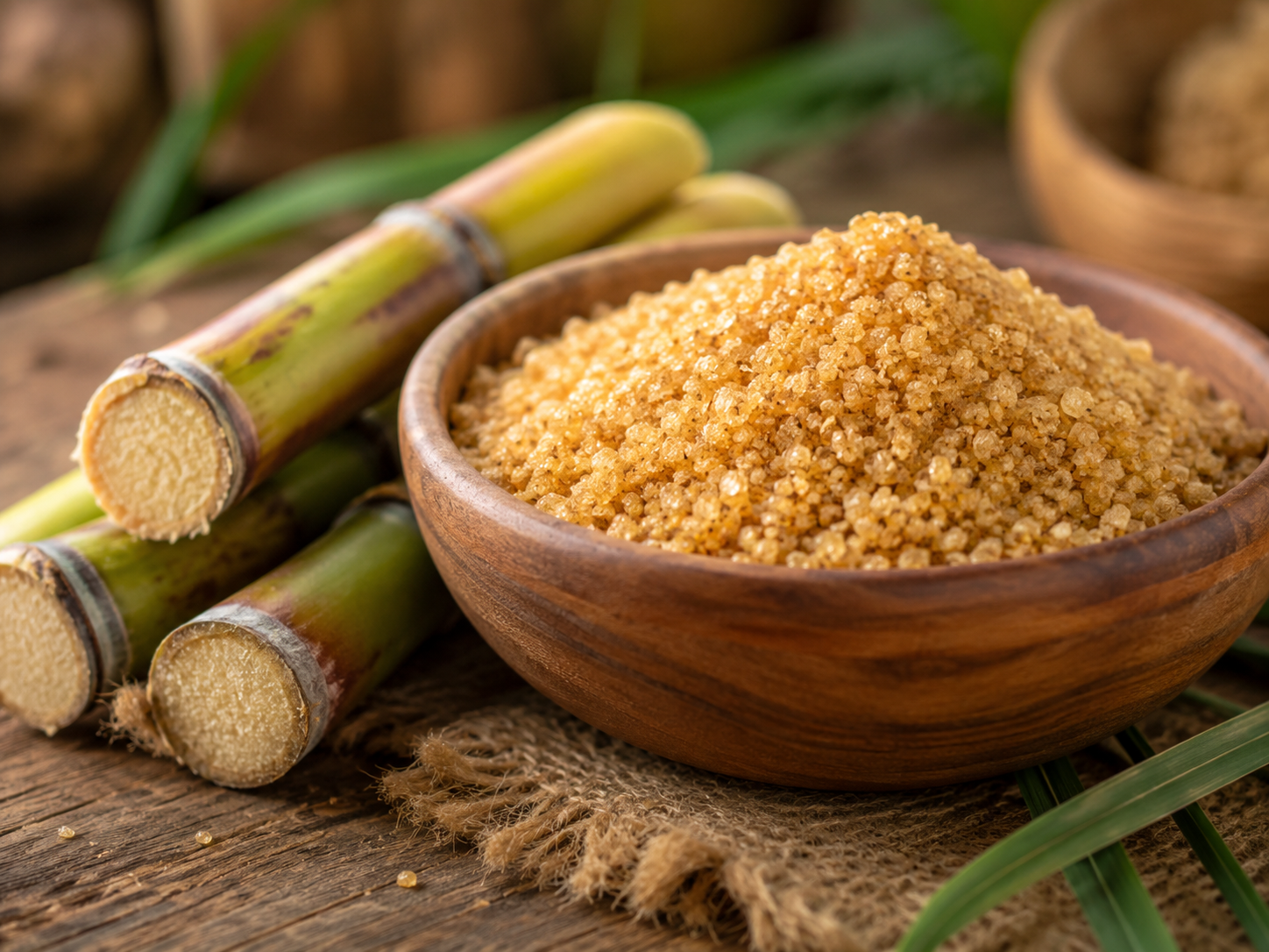 Desi khand in a bowl with fresh sugarcane