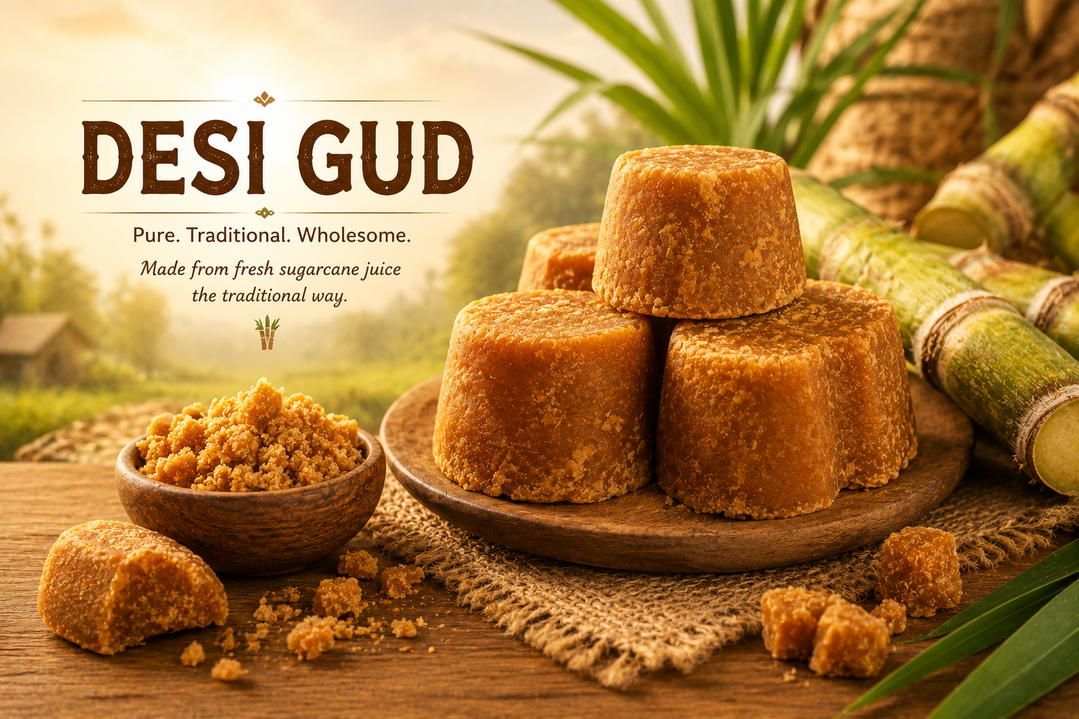 Natural desi gud pieces displayed beside fresh sugarcane