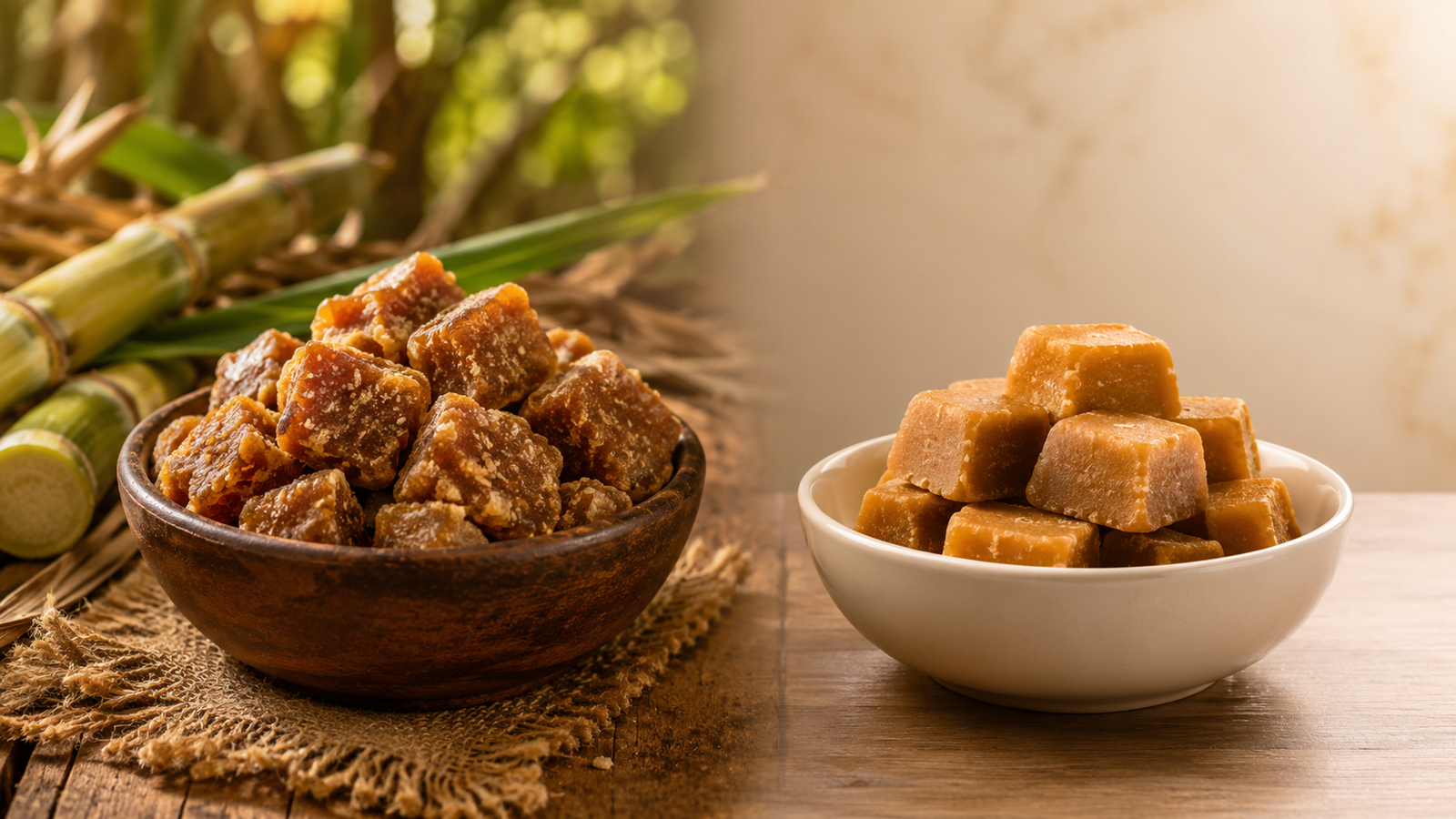 Organic jaggery and regular jaggery with fresh sugarcane