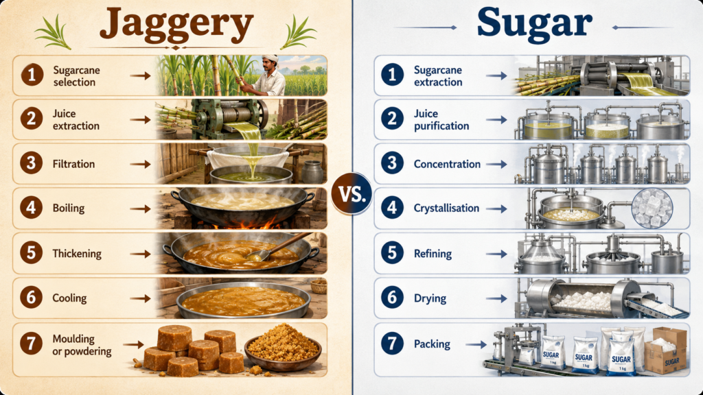Manufacturing process comparison of jaggery and sugar