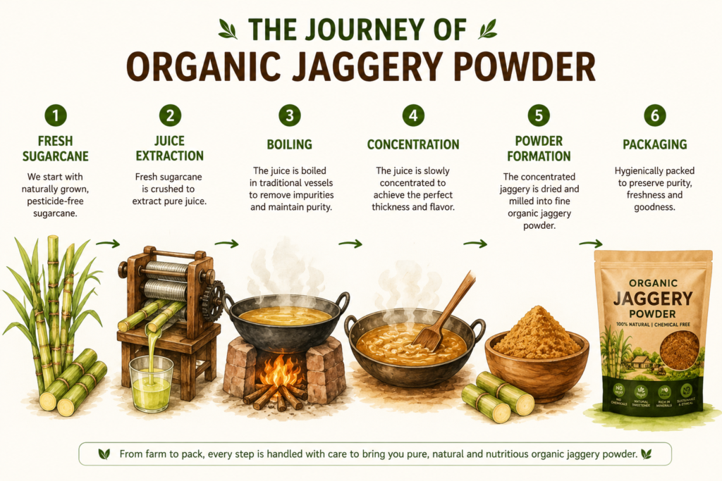 Traditional process of making organic jaggery powder from sugarcane