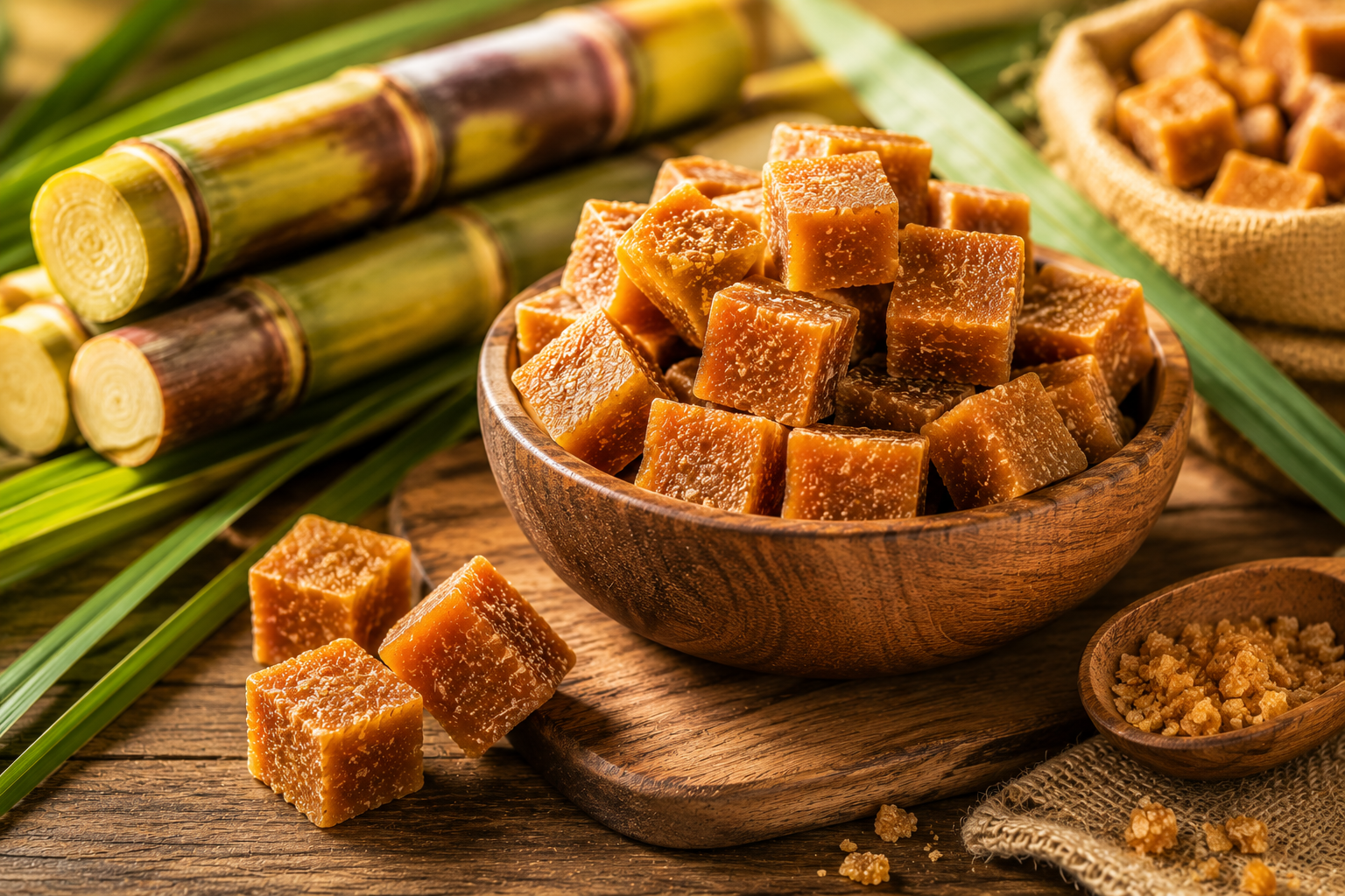 cube jaggery in a wooden bowl