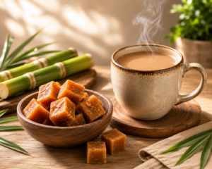morning tea or coffee with cube jaggery