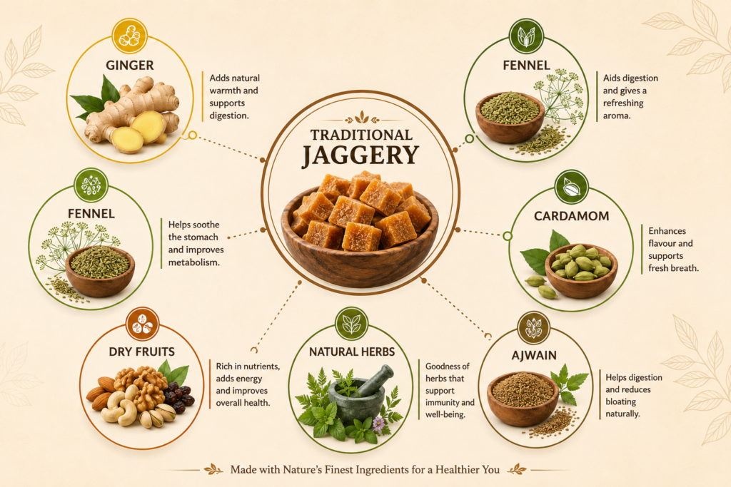 Different natural ingredients used in flavoured jaggery