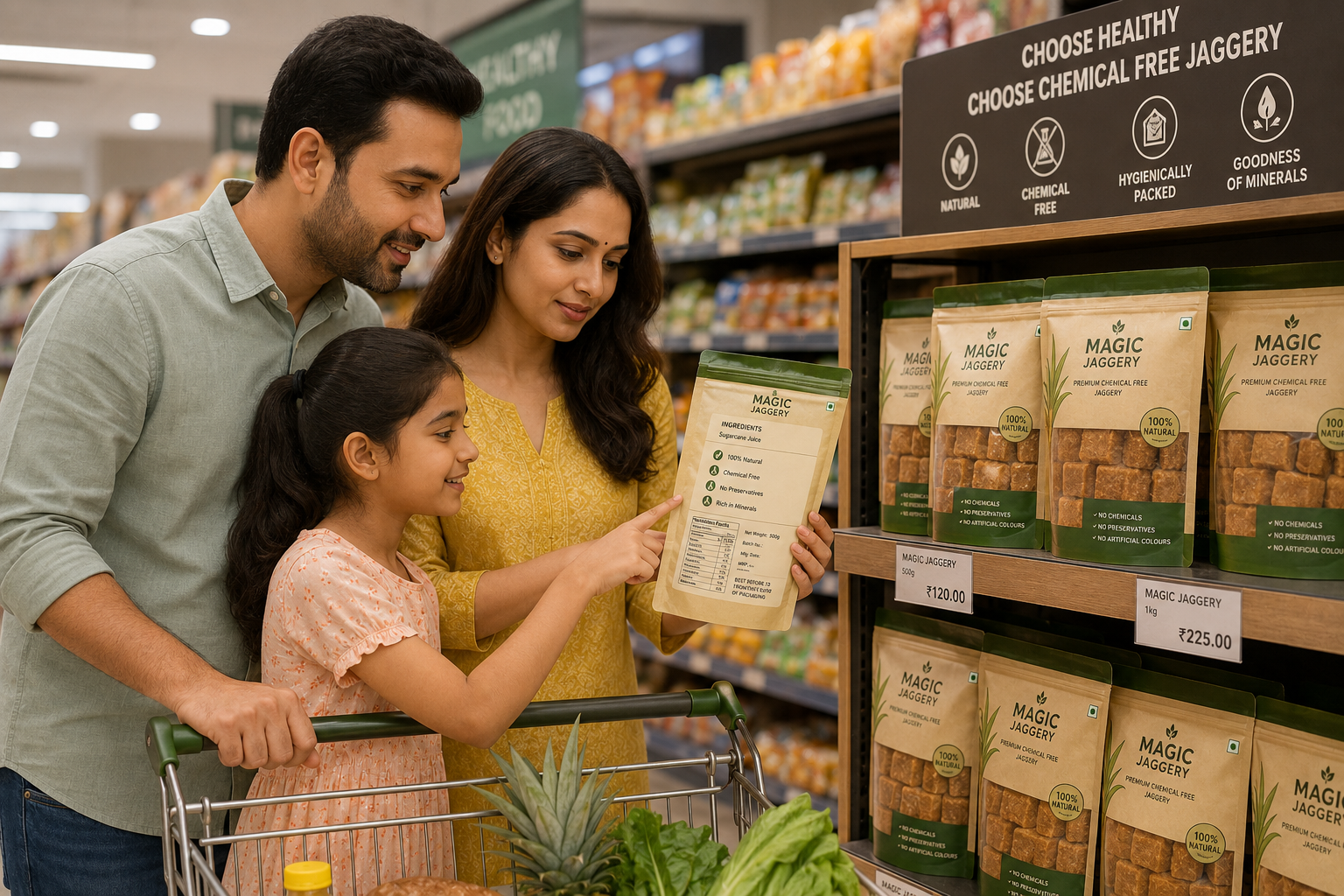 Choosing pure chemical free jaggery at a grocery store