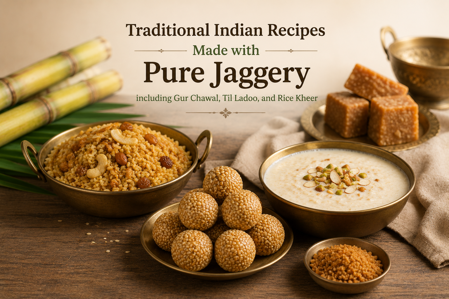 Traditional Indian recipes including Gur Chawal, Til Ladoo, and Rice Kheer prepared with pure jaggery.
