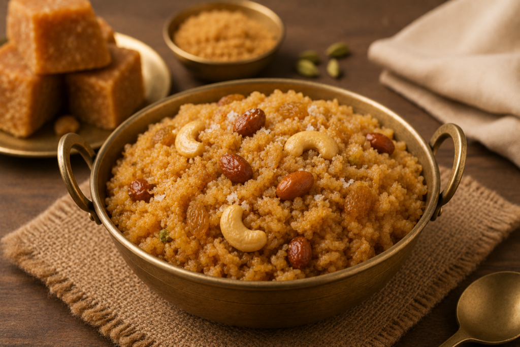 Freshly prepared Gur Chawal made with pure jaggery served in a traditional brass bowl.
