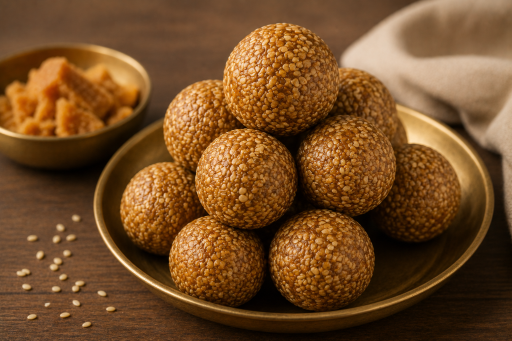 Round sesame seed laddoos made using natural jaggery arranged on a wooden serving plate.