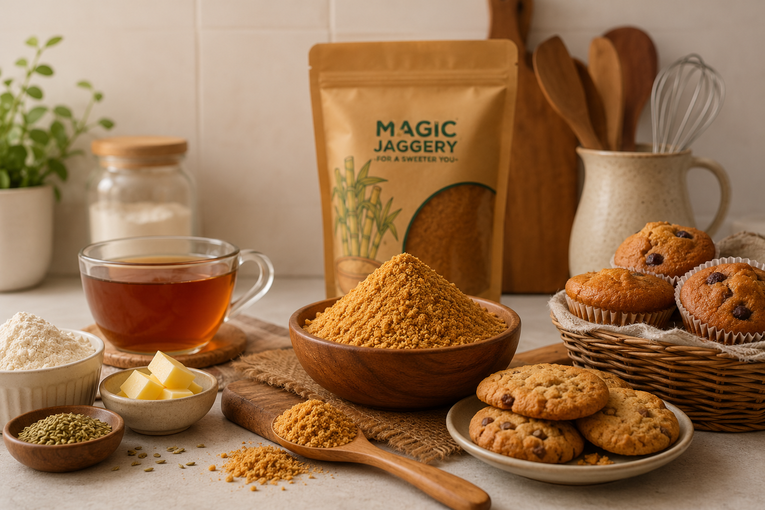 Natural jaggery powder used in cooking and baking recipes