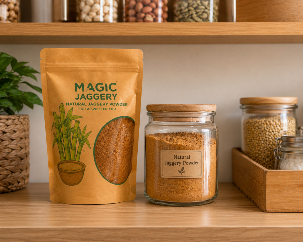 High quality natural jaggery powder stored in an airtight container