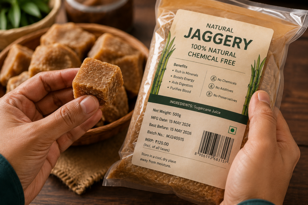 Checking jaggery packaging before buying