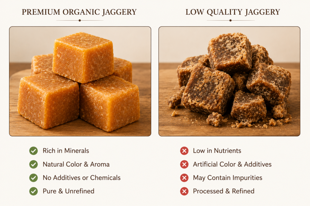 Comparison of good quality jaggery and poor quality jaggery