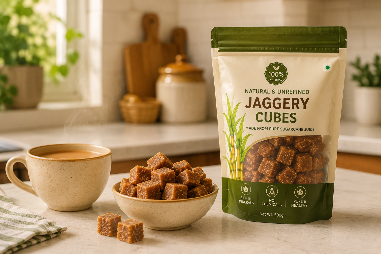 Jaggery small cubes served with tea on a modern kitchen countertop