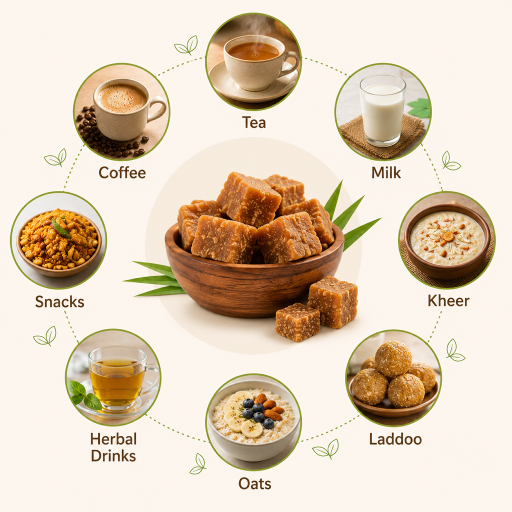 Everyday uses of jaggery small cubes in beverages and recipes