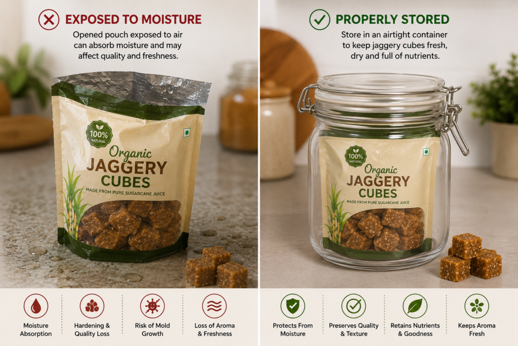 Correct and incorrect ways to store jaggery small cubes