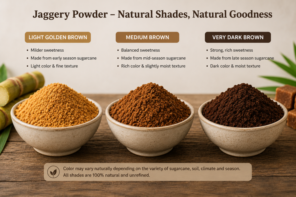 Different natural shades of pure jaggery powder for quality comparison