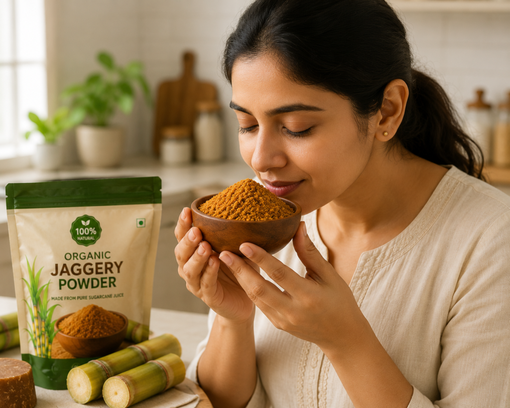 Checking the aroma of pure jaggery powder before purchase