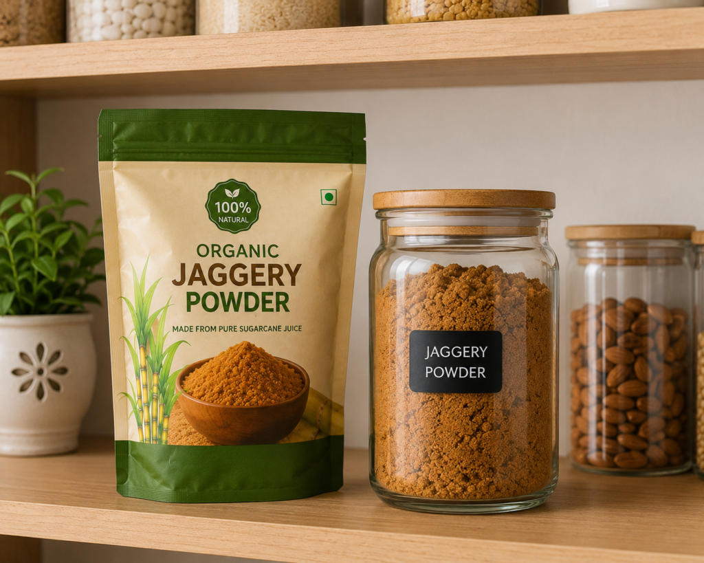 Proper storage of jaggery powder in an airtight container