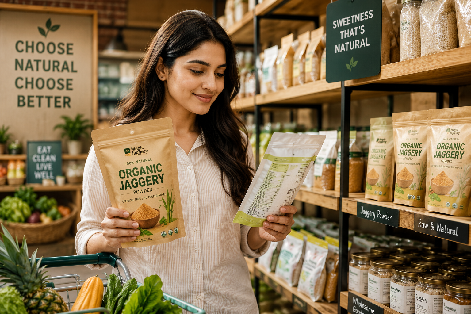 Organic jaggery near me displayed in a trusted organic food store