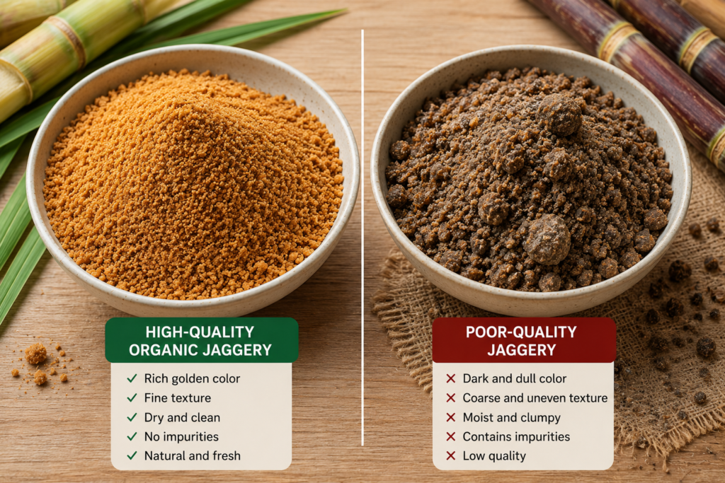 Comparison of good quality and poor quality organic jaggery