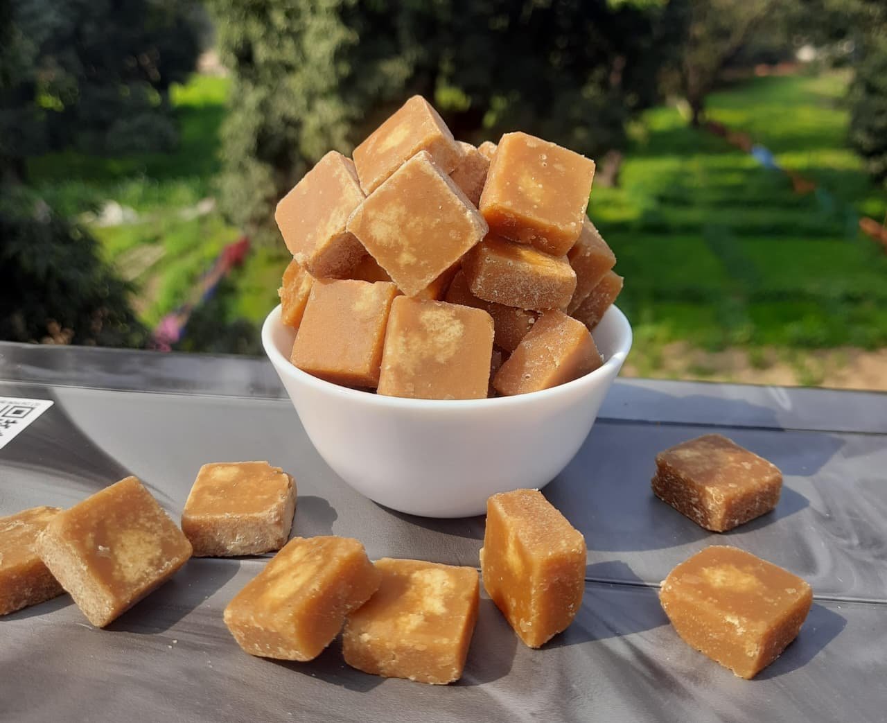 Jaggery cubes in a bowl