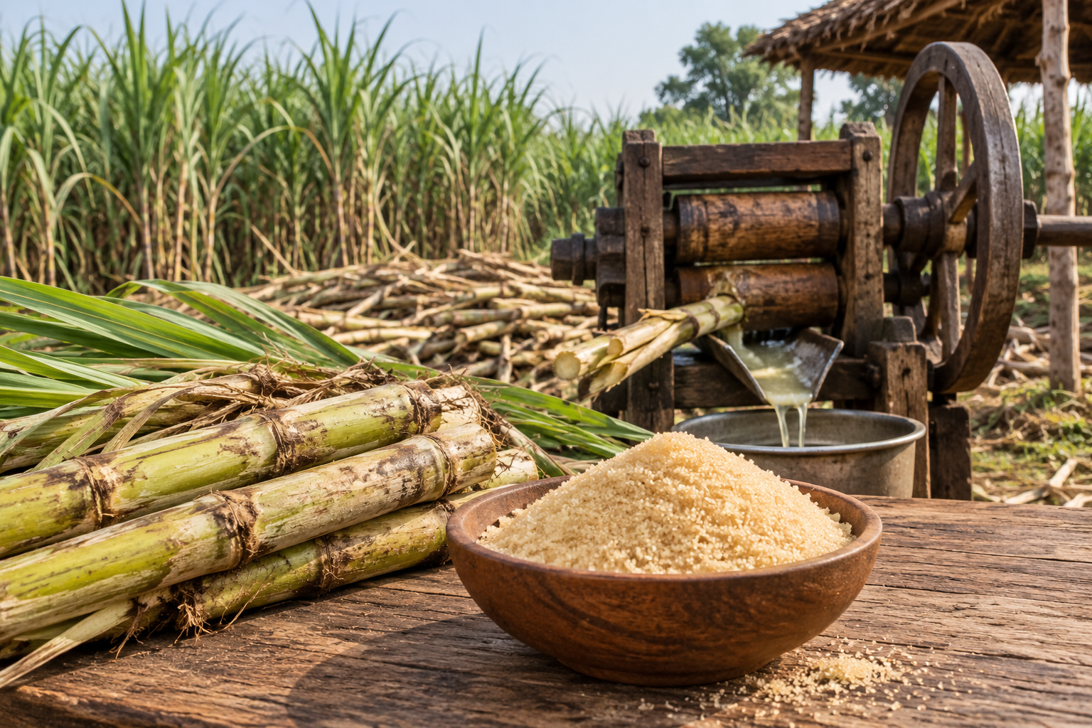 Desi khand sugar made from fresh sugarcane using traditional processing