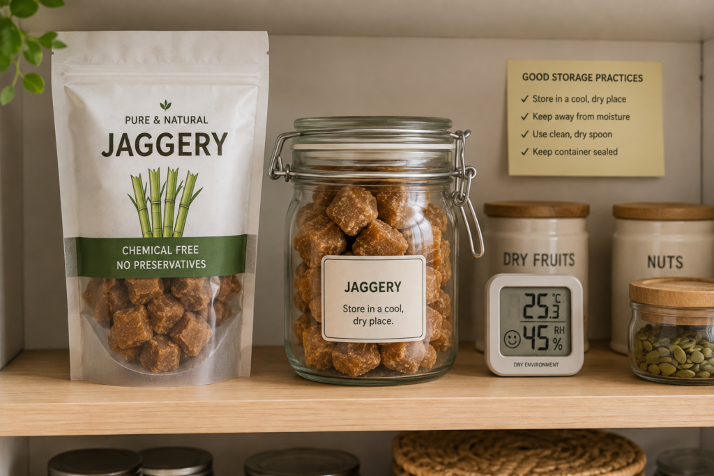 Proper storage of jaggery in an airtight container