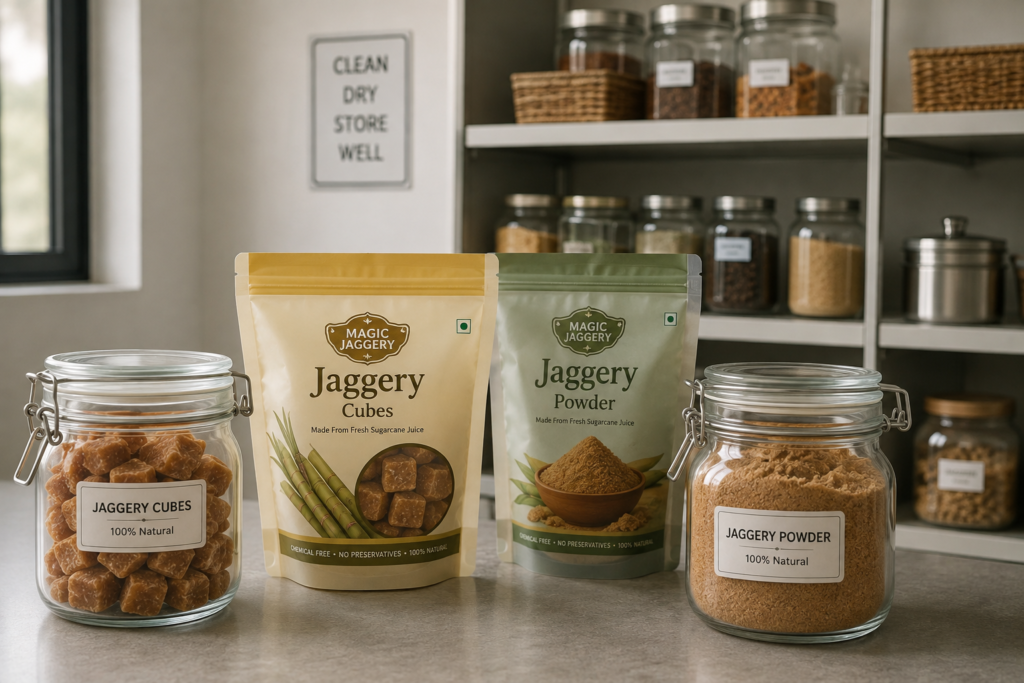 Properly packaged jaggery stored in a clean airtight container